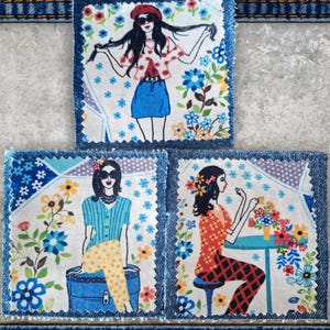 Parche de tela vaquera reciclada: Estampado de chica bohemia (10 x 10 cm)