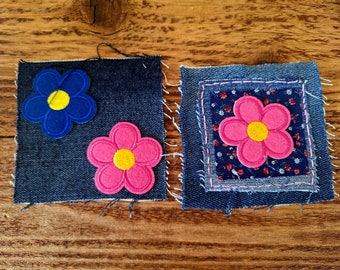 Hot Pink and Blue Denim Patches, 4x4 inches, Hand Stitched Patches, Boho Chic Patches, Applique Sewing, Upcycled, Boyfriend Jeans Patches,