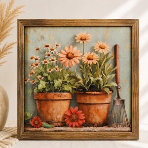 Boho Flower Pots Wall Art | Rustic Floral Botanical Decor (8x8 inches)