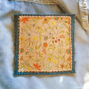 Adorable Pink Wildflower Fabric Patch, 4x4 inches Boho Patch, Denim Patch, Upcycled Print Fabric, Jeans Patch, Hand Stitched Denim Patch.
