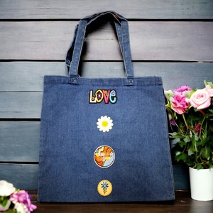 Denim Tote Bag, Festival Bag, Boho Sustainable Fashion, Shoulder Bag, Book Bag, Shopping, Market Bag, Upcycled Denim with Applique Patches.