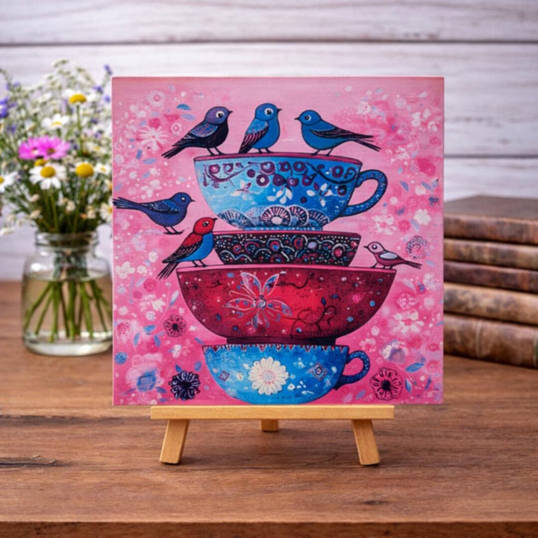 Teacup Birds Mini Art Sign | 6x6 Inch Wood Easel Decor | Tiered Tray ...