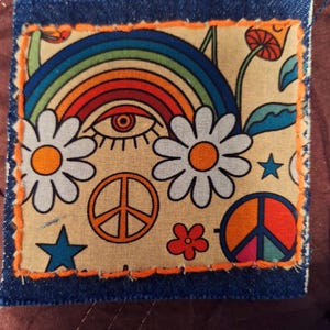 Adorable Retro Fabric Patch, 4x4 inch. Boho Patch, Denim Patch, Upcycled Jeans Patch, Denim Jacket Patch, Bag Patch, Iron-on Applique Patch.
