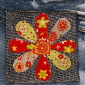 Denim Patchwork  Flower Patch, Handstitched Fabric Patch, 4x4 inches, Denim Flower Applique, Upcycled Denim and Fabric, Handmade Patch.