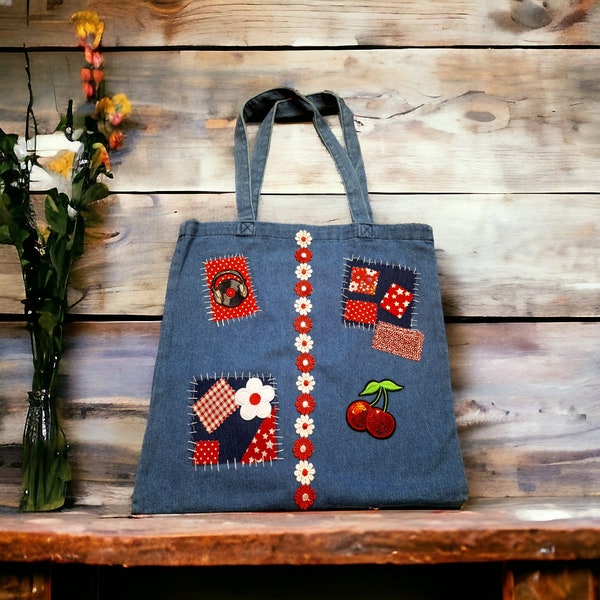 The Raggedy Patch Festival Bag. Boho Chic Fashion, Sustainable Fashion, Totes, Upcycled Denim, Slow Stitch, Denim Bags, Birthday Gift.