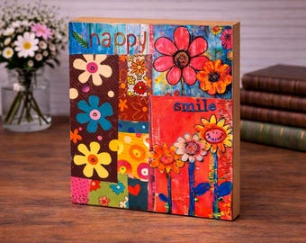 8 x 8 art textile bohème fait main des années 70 : collage de patchwork sur bois, panneau d'impression artistique monté