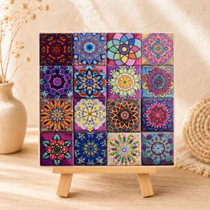 4x4 Mandala-Mosaik-Fliesenkunst | Boho Folk Dekor mit Staffelei