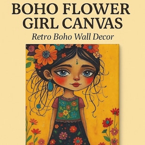 Boho Flower Girl Canvas Print: Whimsical Folk Art, Colorful Home Decor