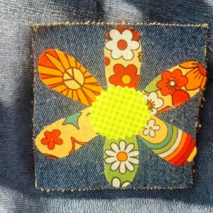 Denim Patchwork  Flower Patch, Retro Denim Patch, 4x4 inches, Denim Flower Patch, Upcycled Denim and Retro Fabric, Iron-On Handmade Patch.