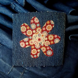 Adorable Print Fabric Flower Patch, 4x4 in Boho Patch, Denim Patch, Upcycled Denim, Daisy Fabric, Jeans Patch, Handmade Applique Patch.