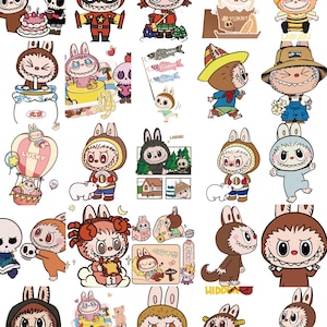 May include: A selection of vibrant cartoon illustrations showcasing rabbit-like characters in diverse costumes and scenarios. Some characters are depicted with objects such as a cake, fish, or a hot air balloon. The word "LUCKY" is visible on a balloon.