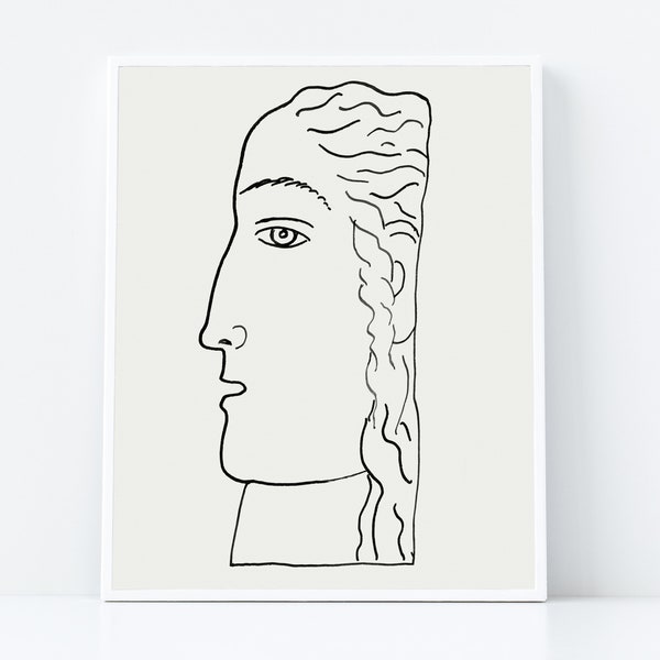 Face line drawing, Human print, Male face wall art, Printable portrait illustration, Pencil drawing, Minimalist sketch, Head silhouette