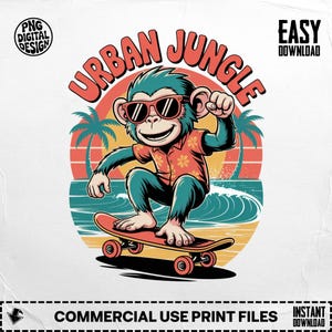 Urban Jungle Monkey Digital PNG, Surfing Skateboard Art, Tropical Beach Vibes, Fun Design, Instant Download,Digital png