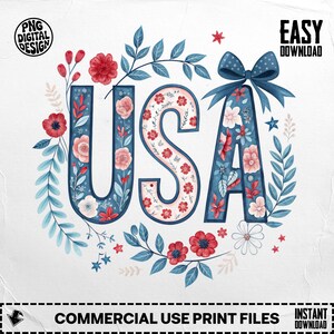 USA Floral Digital PNG File, Patriotic Clip Art, American Flowers, 4th of July Printable, Independence Day Design, Digital Download