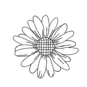 May include: A black and white line art illustration of a single daisy flower. The drawing features a central circular disk with a grid pattern surrounded by numerous elongated, rounded petals radiating outward in a symmetrical floral arrangement.