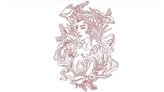 Mermaid Machine Embroidery Design - 8x12 inch hoop -  instant download - Redwork Mermaid