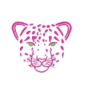 May include: An embroidery design featuring the outline of a leopard head. The leopard is rendered in bright pink thread with distinct spots and whiskers, and it features two vibrant green eyes. The design is isolated against a plain white background.
