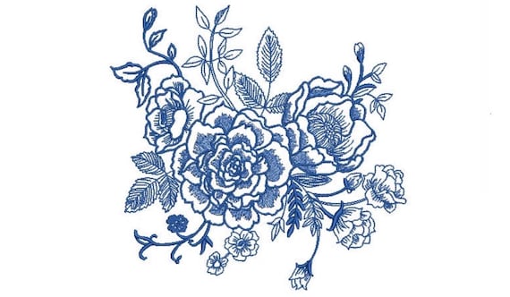 Blue Floral Embroidery - Machine Embroidery File - design 6x10 inch hoop - Chinoiserie Embroidery Design