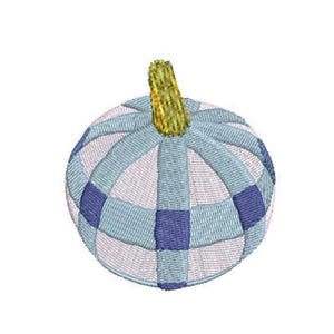 May include: An embroidered pumpkin design featuring a checkered pattern in shades of light blue, dark blue, and white. The pumpkin has a textured yellow-green stem at the top, with visible stitching details creating a rounded, segmented appearance.
