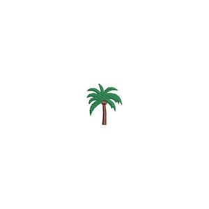 May include: A green palm tree with a brown trunk.