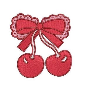 May include: An embroidered patch featuring two bright red cherries with light pink highlights, connected by stems to a large, vibrant red bow. The bow is detailed with a scalloped, light pink lace-like border, creating a decorative design.
