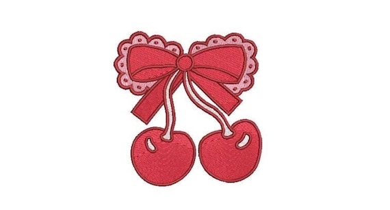 Lace Ribbon Bow Cherries Embroidery Design - Machine Embroidery Instant Download File - Cherries Coquette Bow - 4x4 inches