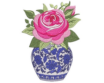 Chinoiserie Chic Rose Ginger Jar Embroidery Design  - Machine Embroidery File design - 6x10 hoop