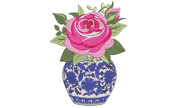 Chinoiserie Chic Rose Ginger Jar Embroidery Design  - Machine Embroidery File design - 6x10 hoop