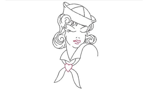Sailor Jerry Girl Pinup Tattoo Retro Machine Embroidery File design 5 x 7 inch hoop - Redwork
