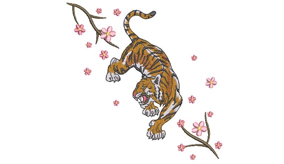 Tiger Sakura Embroidery Design - Tiger & Blossoms - Urban Modern Machine Embroidery File design - 7x12 inch hoop - instant download