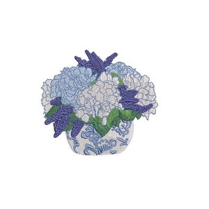 Chinoiserie Hydrangeas Embroidery - Hamptons Pot Plant - Machine Embroidery File design - 4 x 4 inch hoop - Instant Download