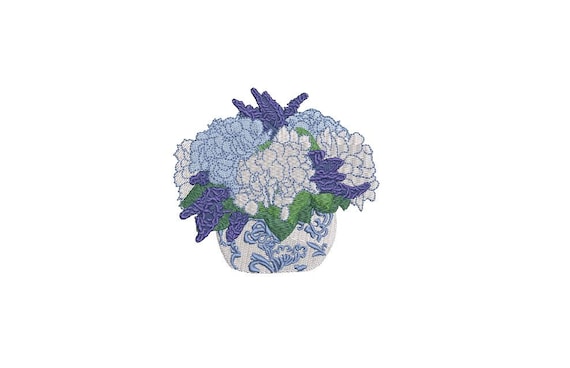 Chinoiserie Hydrangeas Embroidery - Hamptons Pot Plant - Machine Embroidery File design - 4 x 4 inch hoop - Instant Download