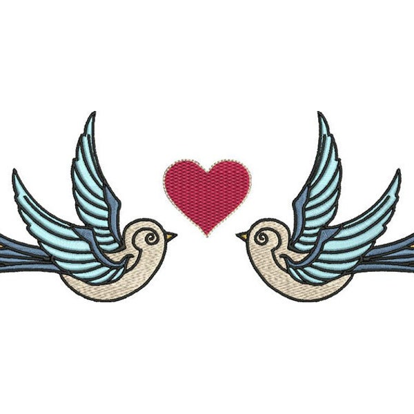 Retro Vintage Swallow & Heart Machine Embroidery File design 6x10 inch hoop instant download