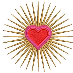 May include: An embroidered patch featuring a central red heart outlined in pink, surrounded by a radiating sunburst pattern of long, thin, golden-brown rays extending outwards in a circular formation against a plain white background.
