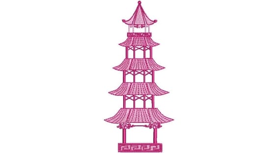 Pagoda Machine Embroidery File design - 5x7 hoop - Tall Chinoiserie Chic Pagoda Design