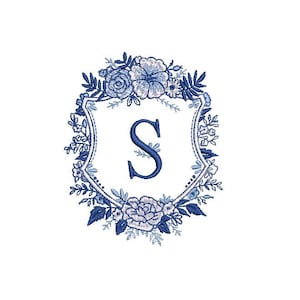 Blue & White Flower Crest Machine Embroidery File design 4x4 inch hoop - Monogram Frame. Letters not included.