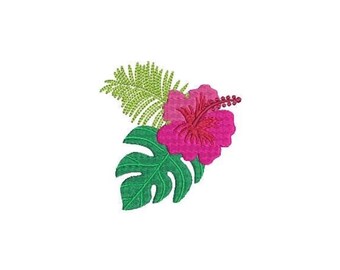 May include: An embroidery design featuring a vibrant pink hibiscus flower with a prominent stamen, positioned next to a light green fern frond and a larger, darker green monstera leaf, all rendered with detailed stitching on a white background.
