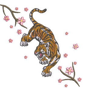 Tiger Sakura Embroidery Design - Tiger & Blossoms - Urban Modern Machine Embroidery File design - 5x7 inch hoop - instant download