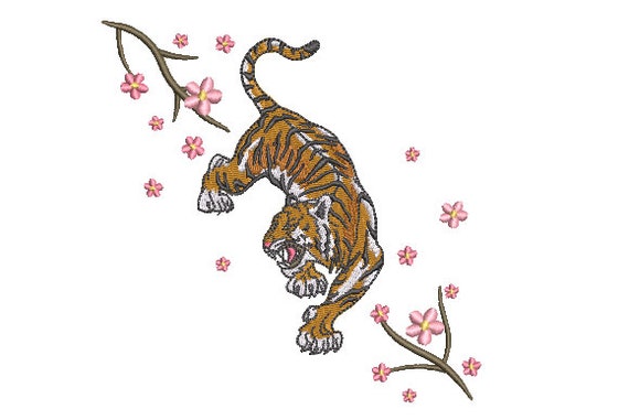 Tiger Sakura Embroidery Design - Tiger & Blossoms - Urban Modern Machine Embroidery File design - 5x7 inch hoop - instant download