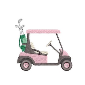 May include: An embroidered golf cart design featuring a light pink body, dark gray frame, and wheels. The cart includes a green golf bag filled with white golf clubs positioned at the rear, along with a light-colored seat and a steering wheel.