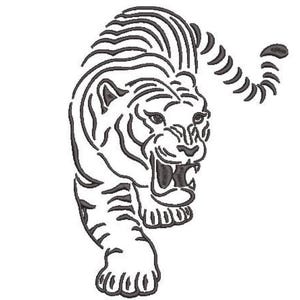 May include: A black and white machine embroidery design featuring a tiger in a prowling stance. The tiger is depicted with its mouth open, showing teeth, and its tail curved upward. The design uses bold black outlines to define the tiger's stripes.