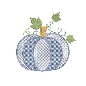 May include: Embroidered pumpkin design with a blue and white pattern, featuring a tan stem and green leaves. The pumpkin is a fall-themed design, perfect for autumn decor or crafting projects.
