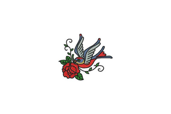 Rose & Swallow Bird Tattoo Retro Machine Embroidery File design 4 x 4 inch hoop