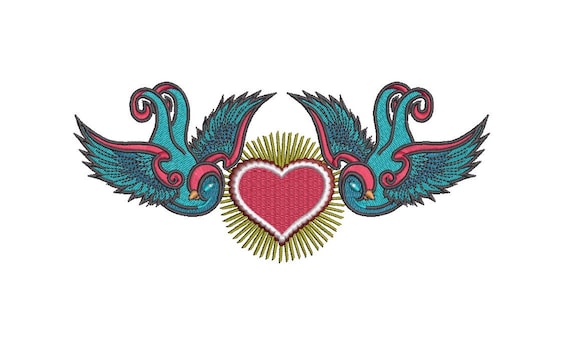 Retro Heart Swallows Machine Embroidery File design 5 x 7 inch hoop - Tattoo Embroidery