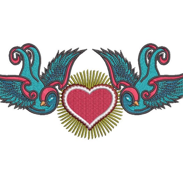 Retro Heart Swallows Machine Embroidery File design 5 x 7 inch hoop - Tattoo Embroidery