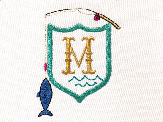 Fishing Crest Machine Embroidery File design 4x4 inch hoop - Monogram Frame