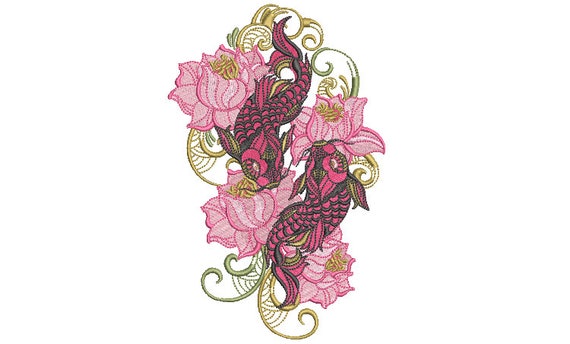 Koi Flowers Machine Embroidery File design -  5x7 hoop - Koi Fish embroidery design - Japanese Embroidery Design