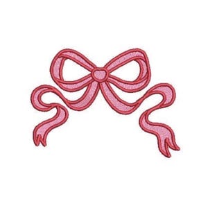 May include: A pink embroidered bow design featuring a central knot and two symmetrical loops with long, flowing ribbon tails extending downwards. The embroidery is rendered in a vibrant pink thread with a visible stitched texture throughout.