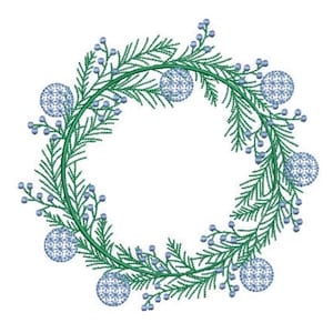 May include: A circular wreath design featuring green embroidered pine branches and needles. The wreath is decorated with small blue berries and six round ornaments, each displaying a detailed white snowflake pattern on a blue background.