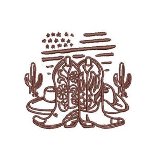 May include: A brown embroidered design featuring a pair of cowboy boots decorated with floral patterns, positioned in front of a stylized American flag, flanked by two saguaro cacti and a wide-brimmed hat resting on the ground behind the boots.